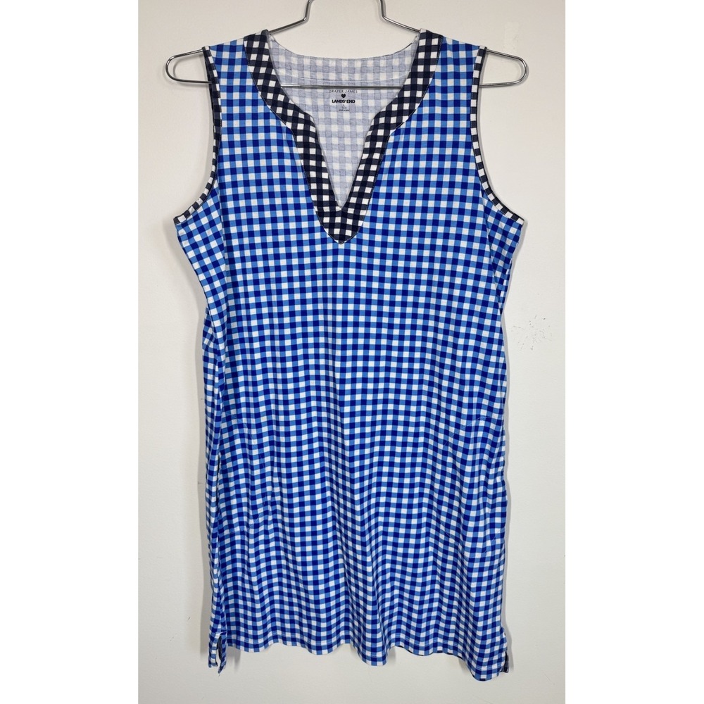 Lands End X Draper James Sleeveless Split Neck Jersey Midi Dress Blue Check Sz L